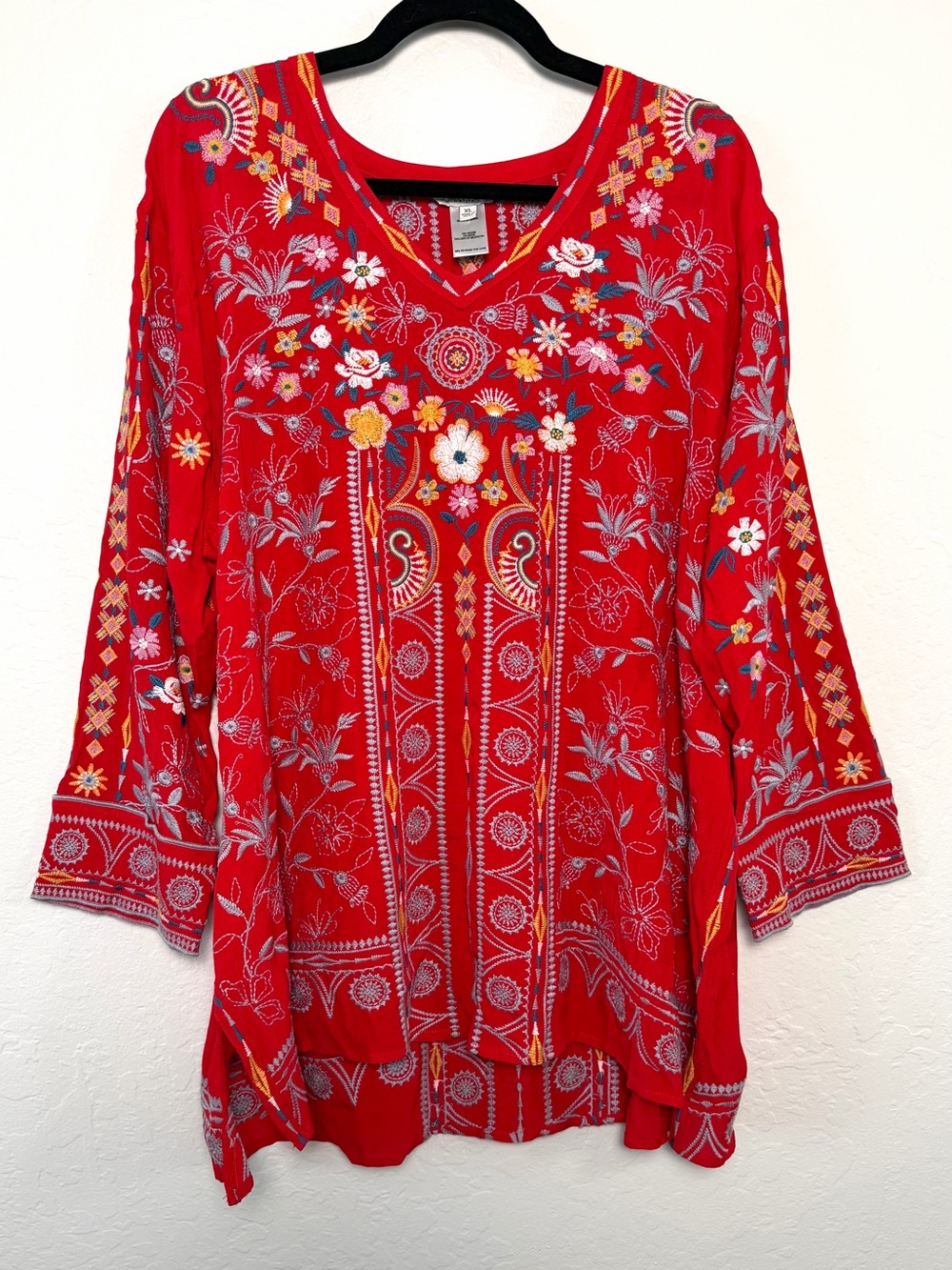 John Mark Red Embroidered XL Boho V-Neck Tunic Top Flowy Floral Artisan - Picture 2 of 13